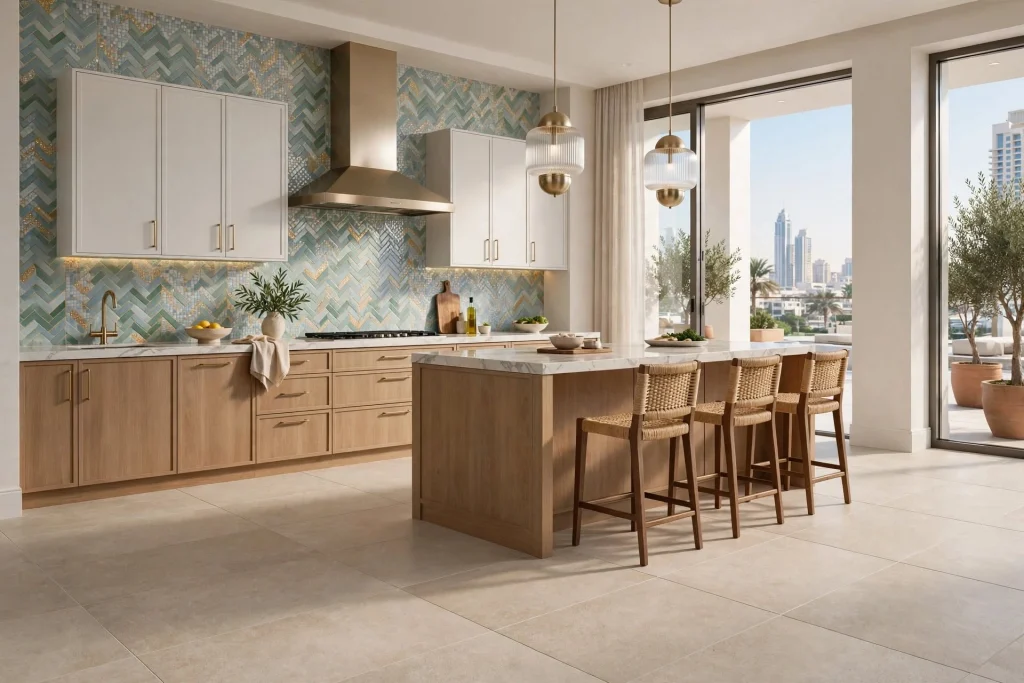 Porcelain floor tiles installed in a contemporary living room