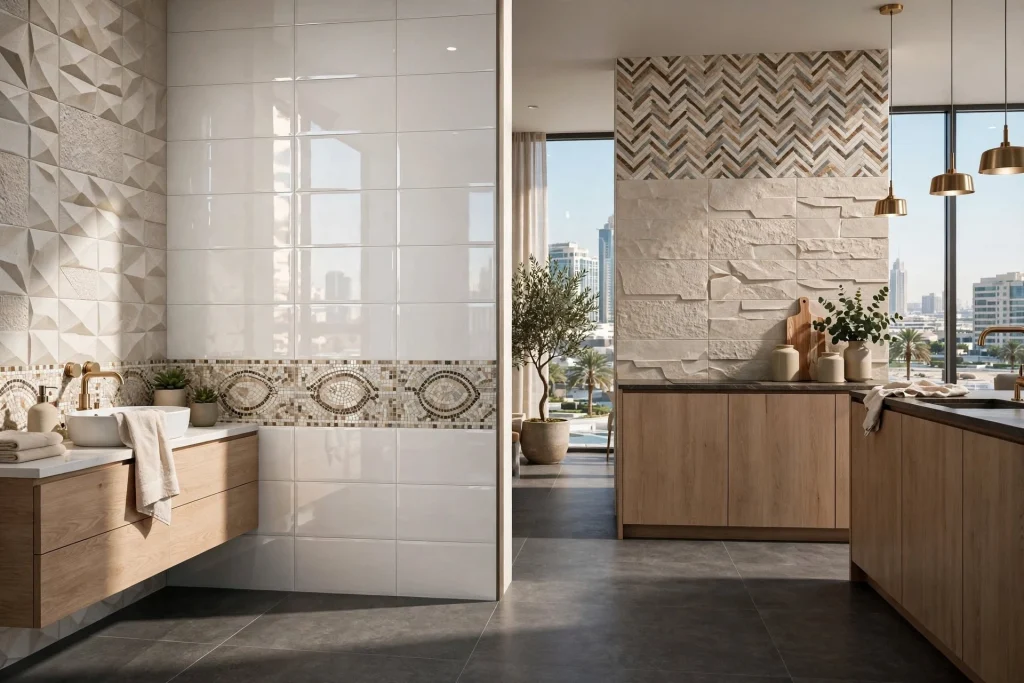 Ceramic wall tiles installed in a modern Dubai bathroom