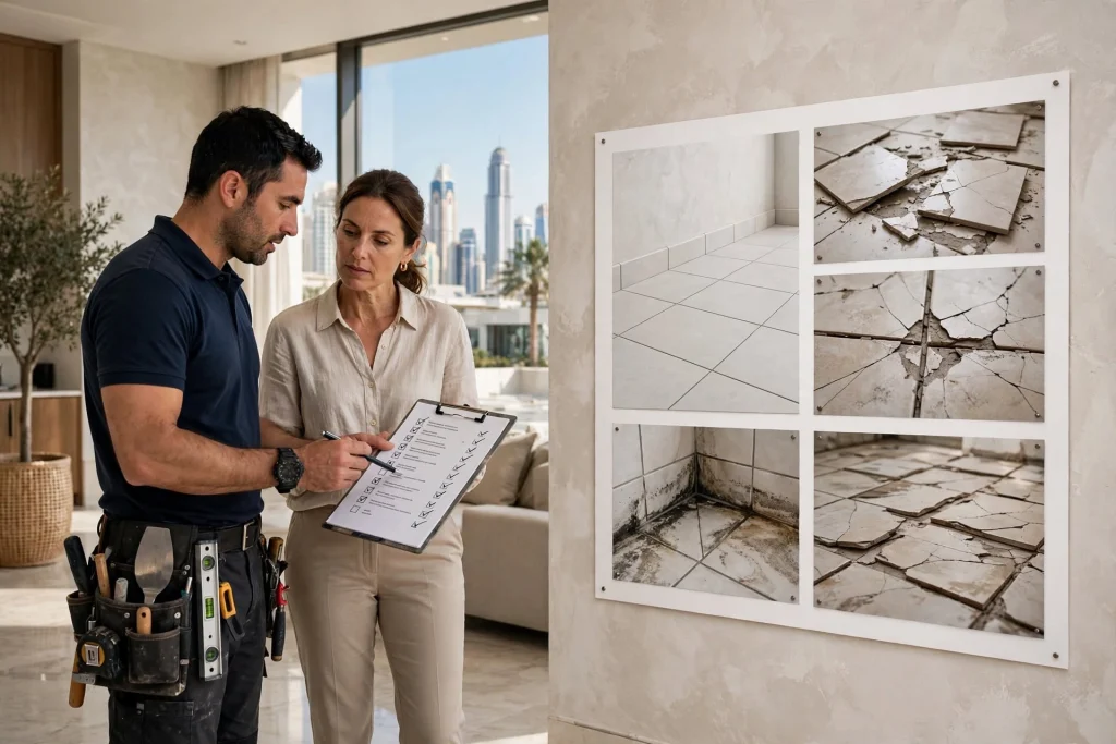 Large format porcelain tile installation in Dubai