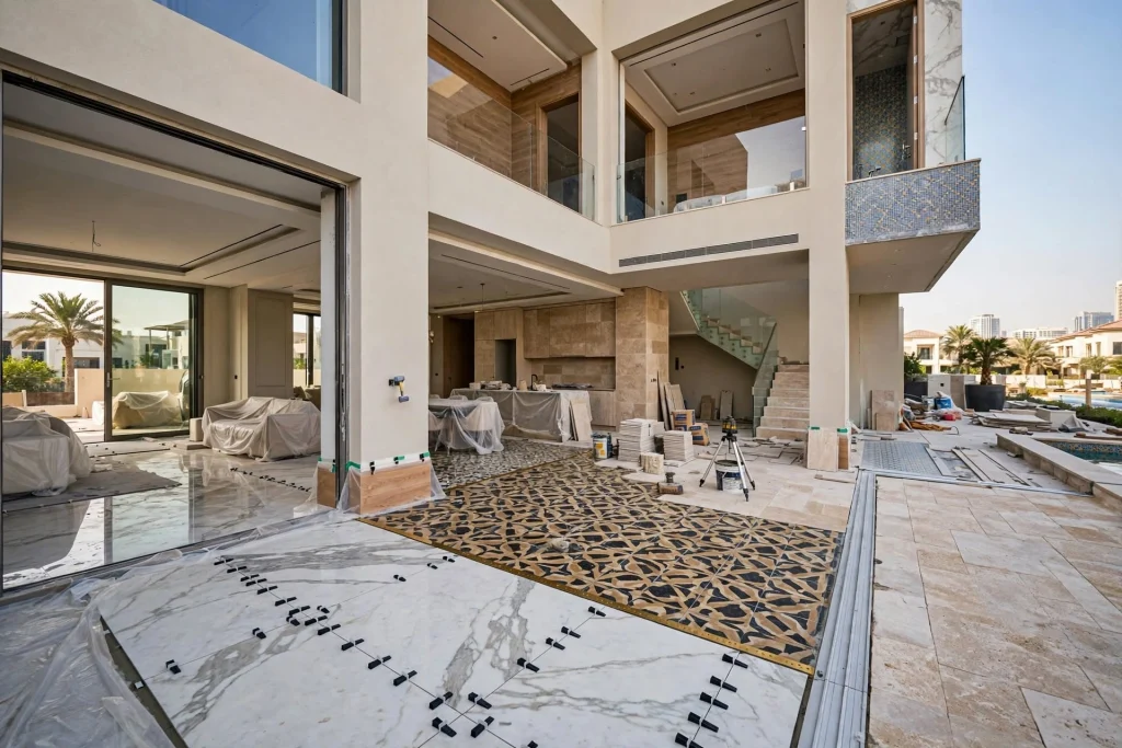Modern porcelain tiles installed across a Dubai living room