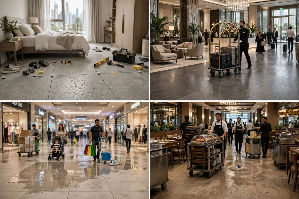 Professional floor tile installation in a Dubai villa
