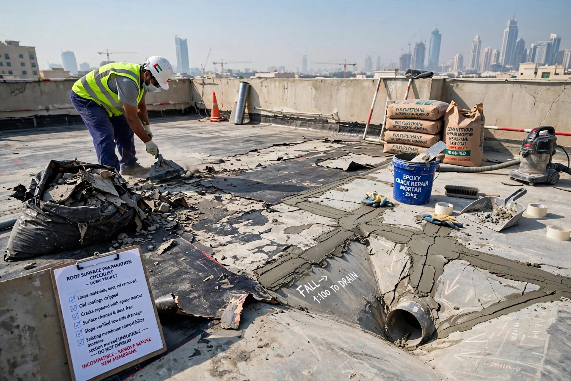 Waterproofing membrane installation on a commercial roof in Dubai
