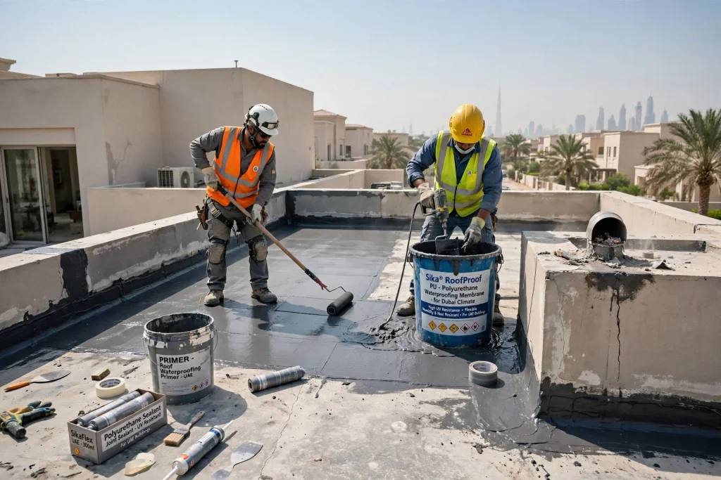 Professional roof waterproofing work for residential buildings in Dubai