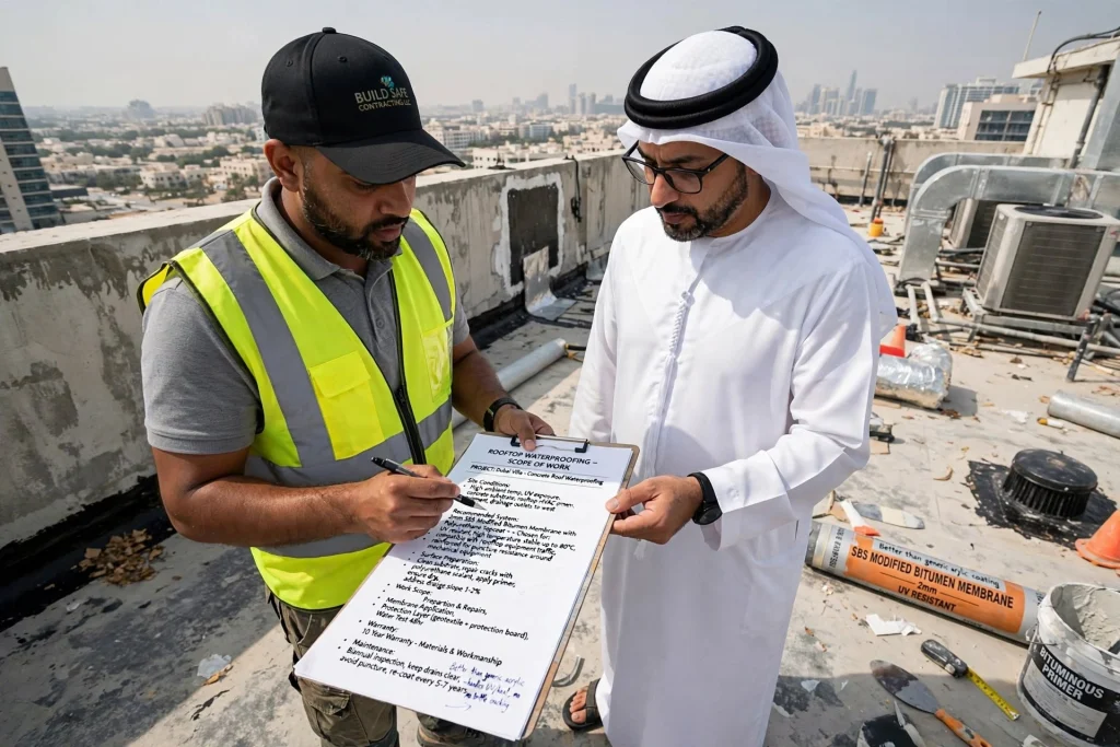 Professional waterproofing treatment for flat concrete roofs in Dubai