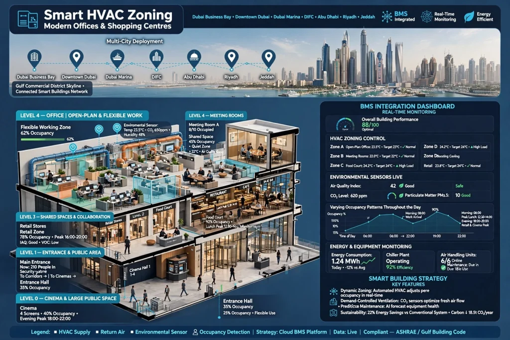 IoT sensors monitoring temperature and air quality in an office