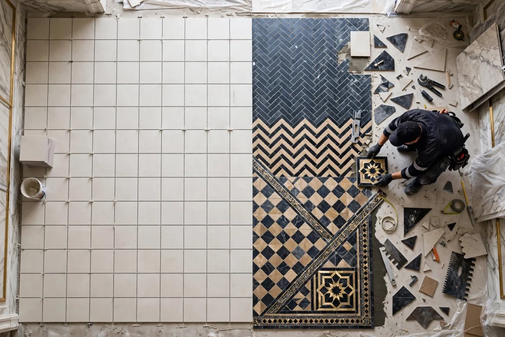 Professional tiler aligning ceramic floor tiles
