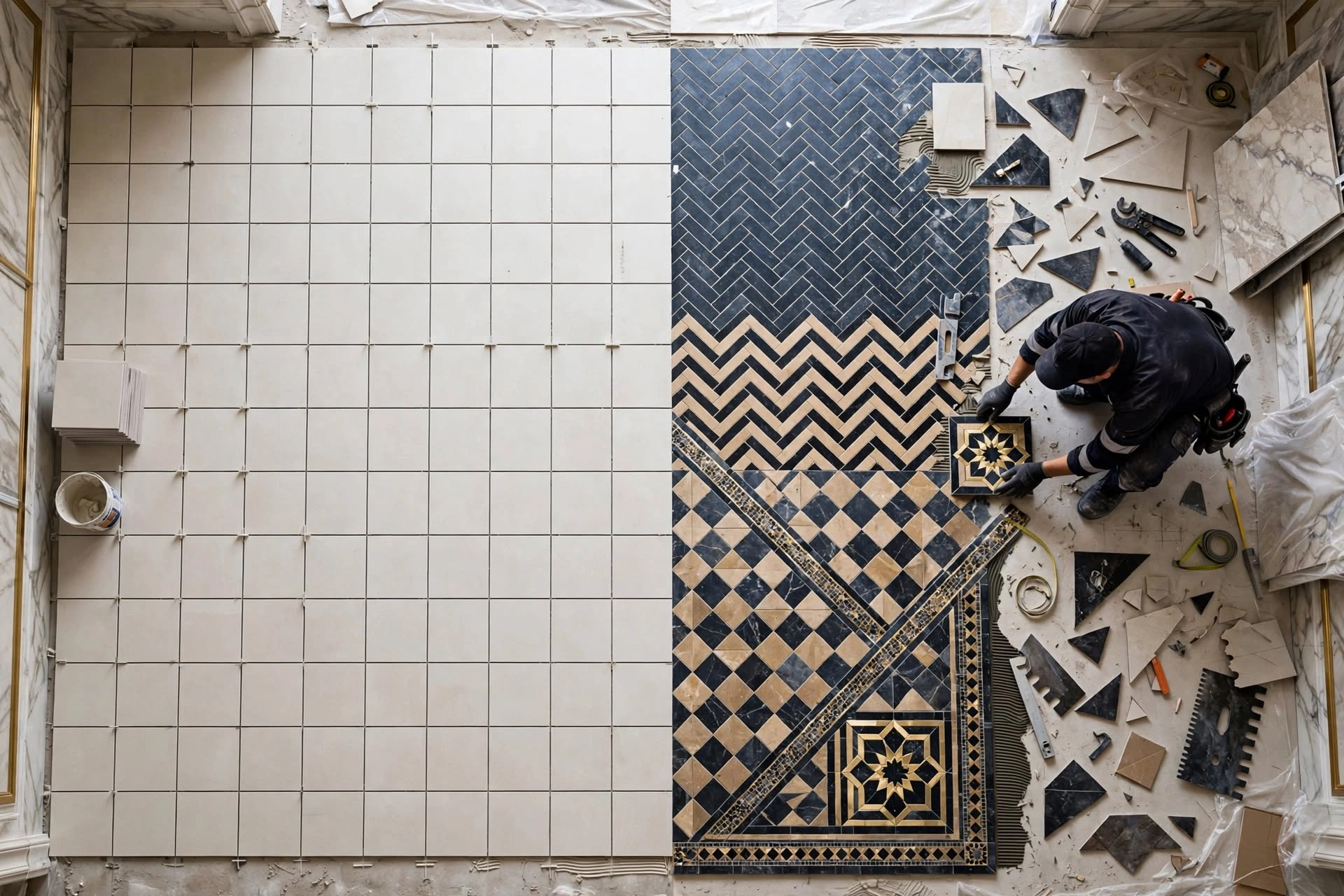 Professional tiler aligning ceramic floor tiles