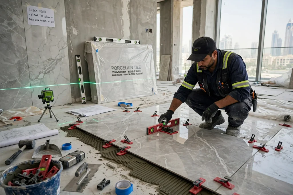 Expert installer aligning ceramic floor tiles during installation