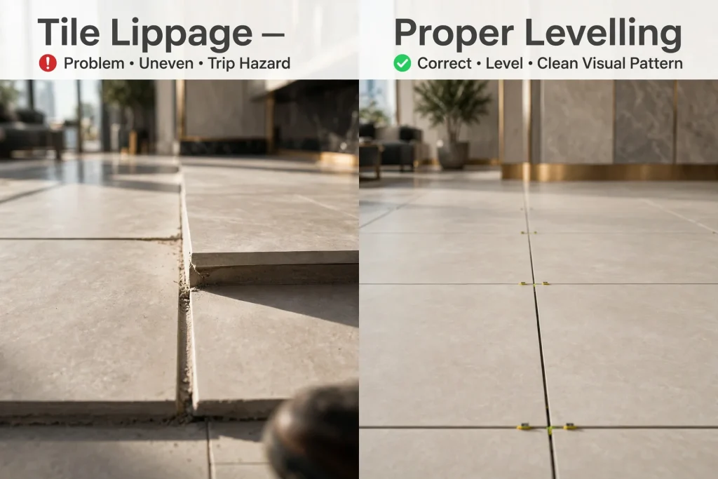 Tile levelling wedges securing tiles before adhesive cures