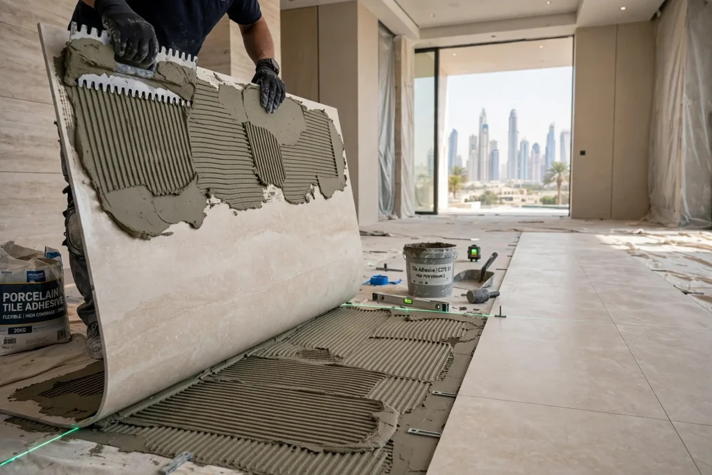 Close-up of clips maintaining even tile heights