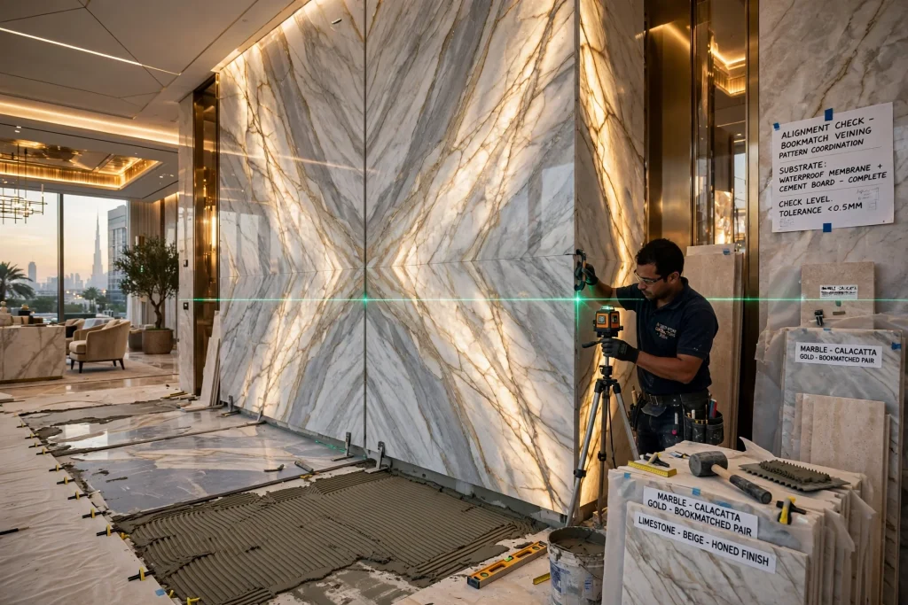 Floor tiles positioned evenly across a prepared substrate