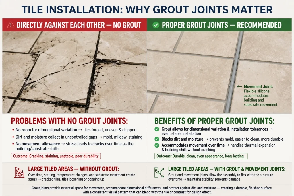 Consistent grout joints between bathroom floor tiles