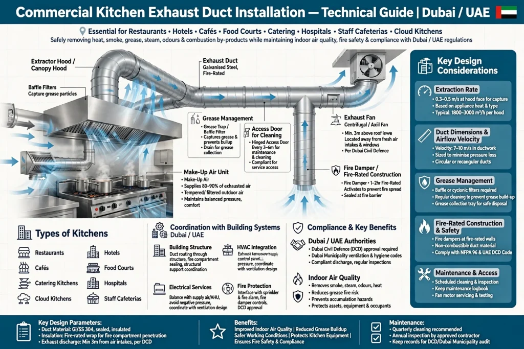 Kitchen exhaust duct installation for a commercial kitchen in Dubai