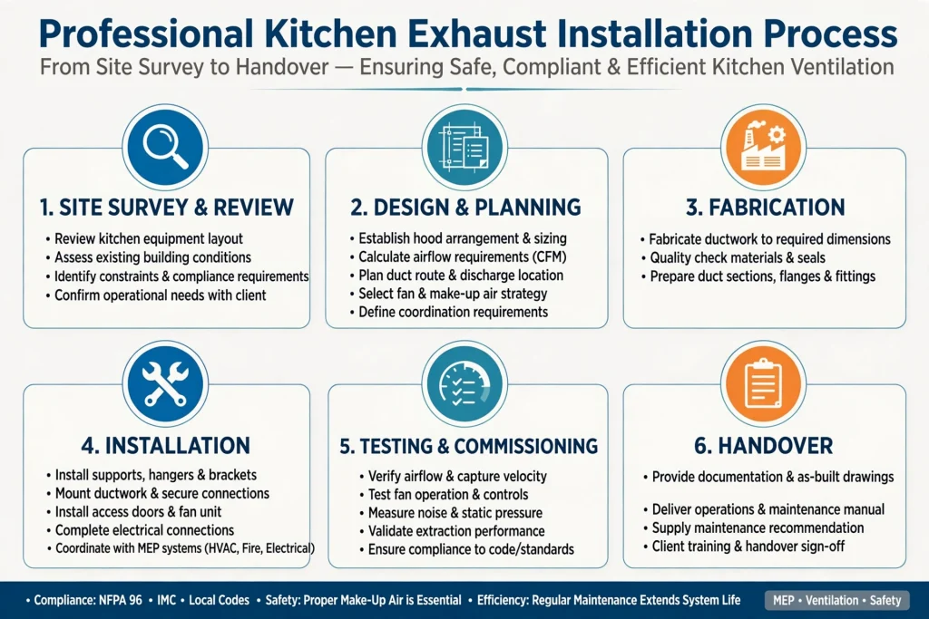 Professional exhaust ductwork installed for commercial cooking equipment