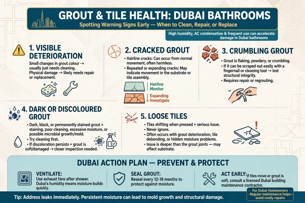 Cracked grout between bathroom tiles