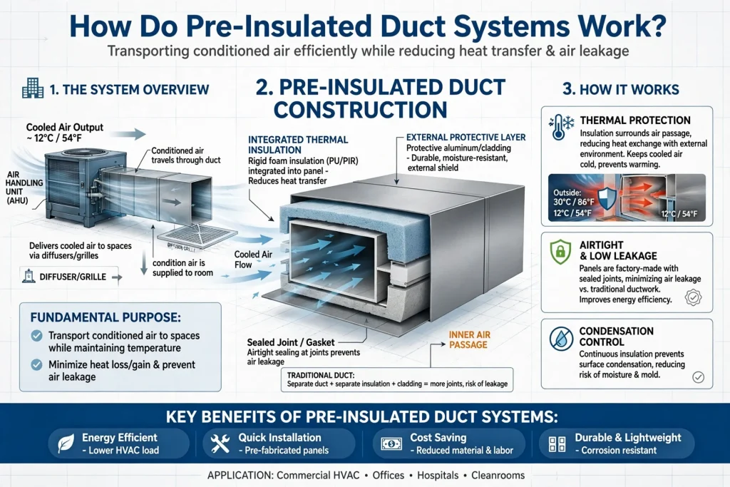 Modern HVAC pre-insulated ductwork installation