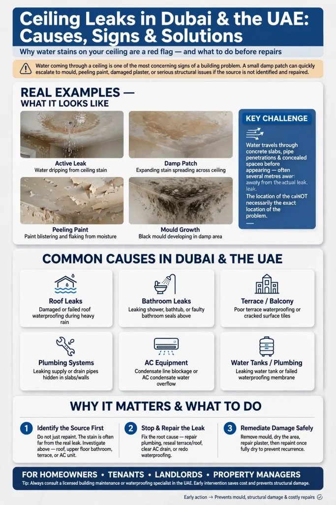 Water leaking through a ceiling in a Dubai home