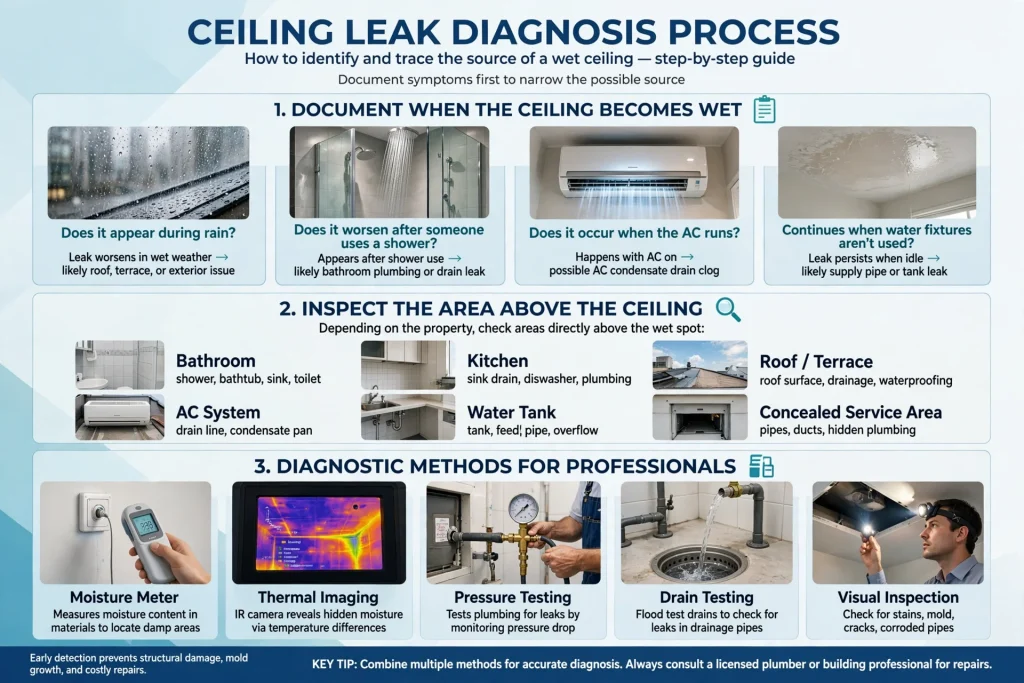 Water damage caused by a leaking pipe above the ceiling