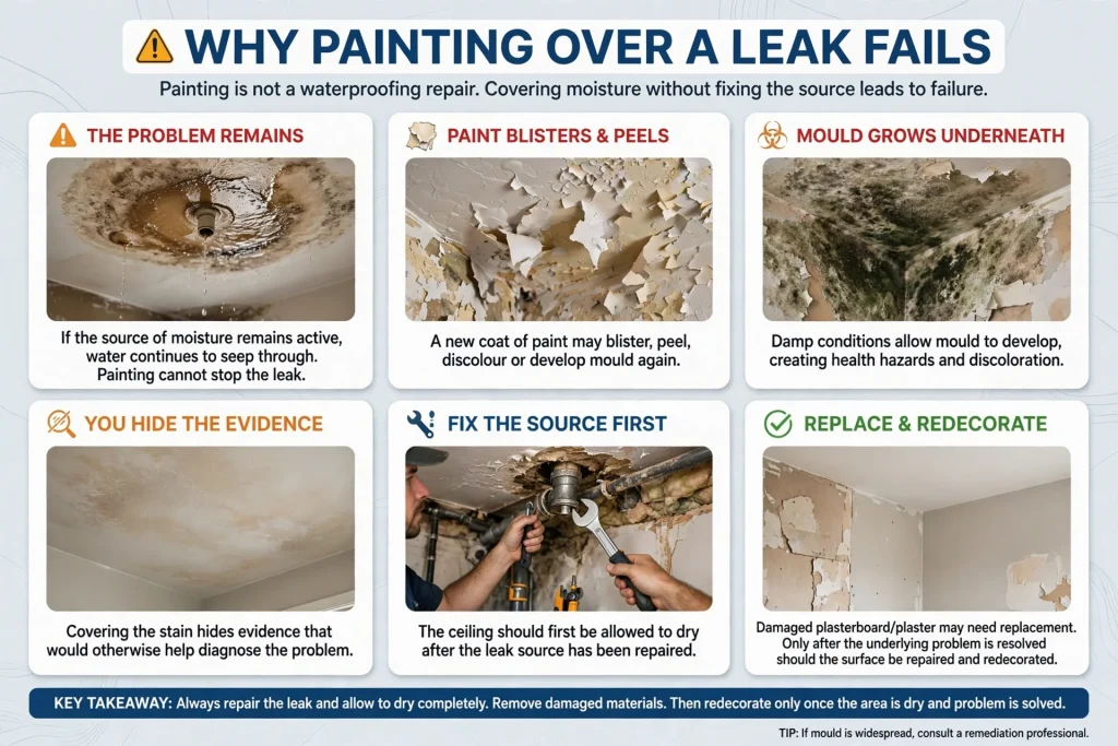 Concealed plumbing leak above a damaged ceiling