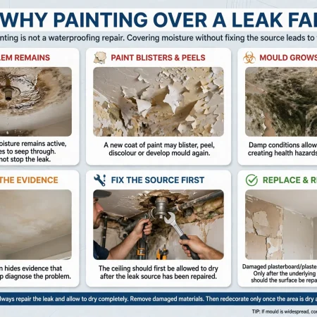 Concealed plumbing leak above a damaged ceiling