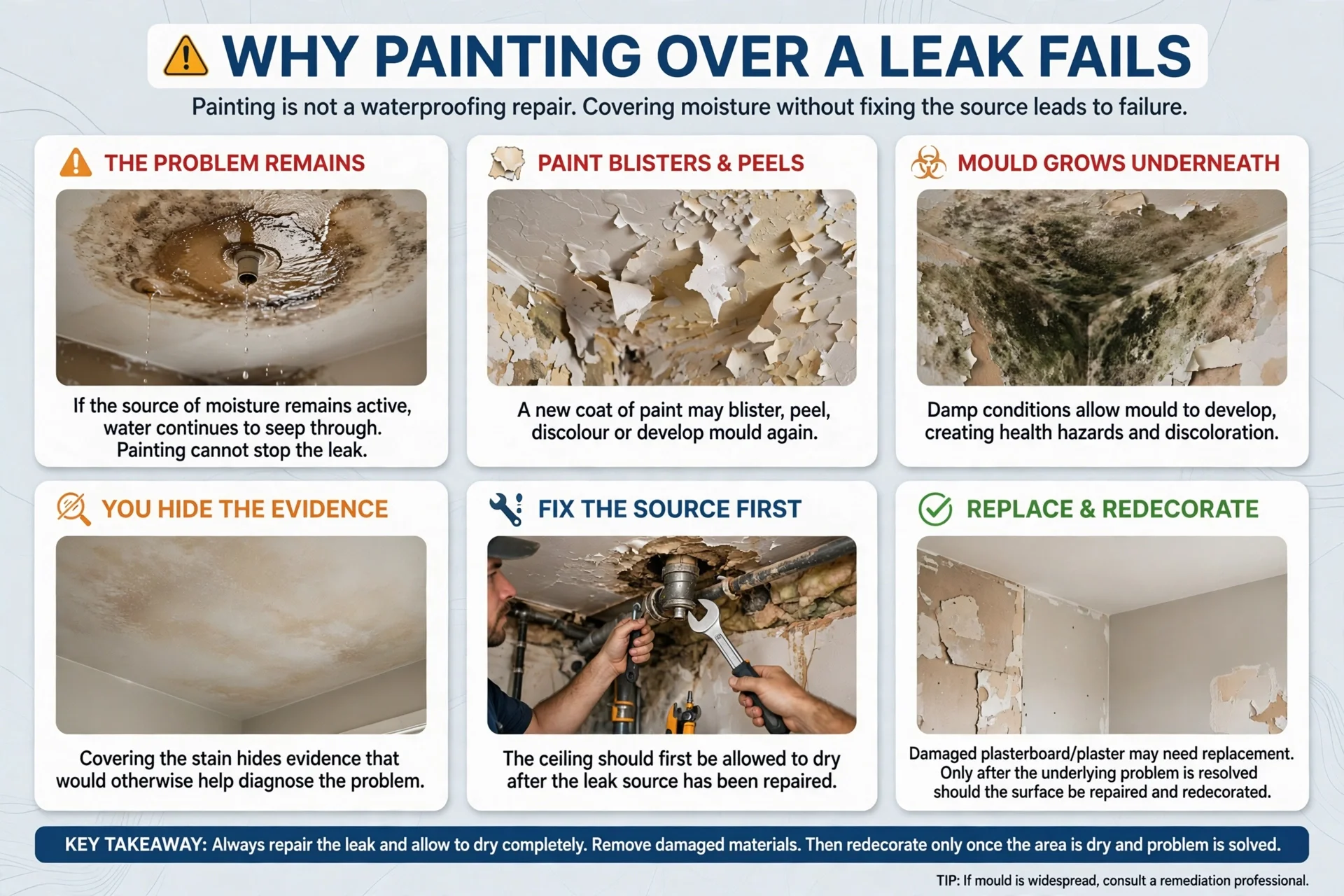 Concealed plumbing leak above a damaged ceiling