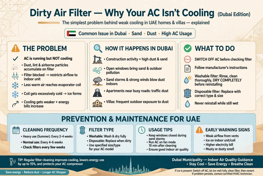Air conditioning technician diagnosing an AC cooling problem in Dubai
