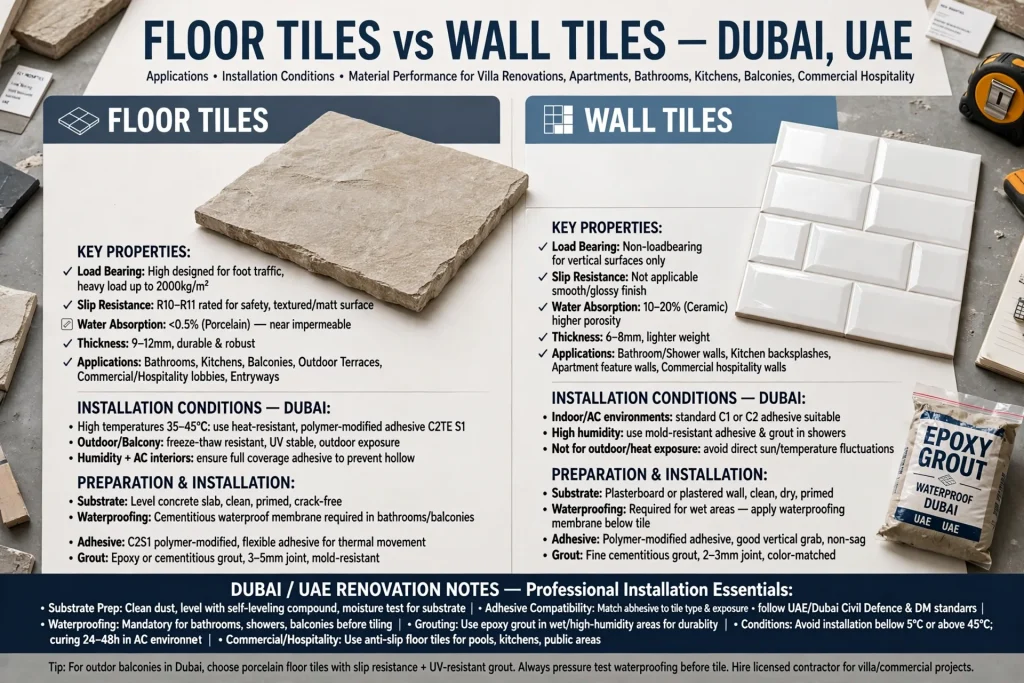Floor tile vs wall tile showing differences in installation requirements