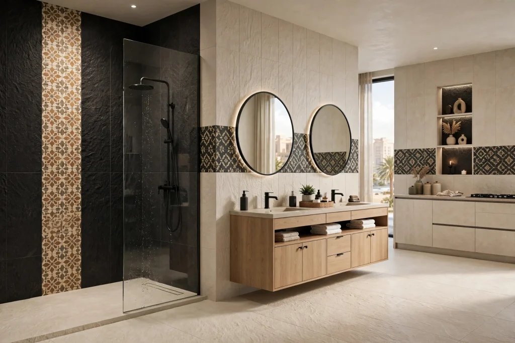 Different tile types selected for floor and wall applications
