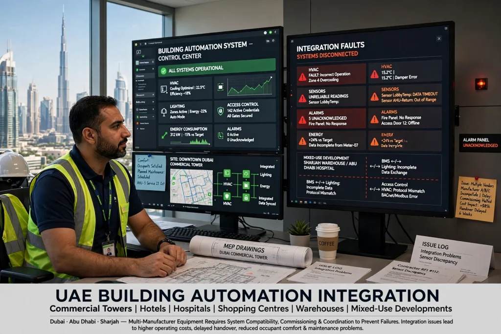 Building automation system integrating HVAC equipment, sensors, lighting controls, and a central BMS