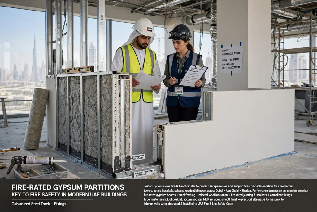 Fire-rated gypsum partitions installed for fire separation in a commercial building