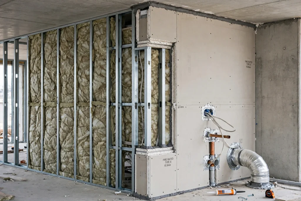 Fire-resistant gypsum plasterboard used in an interior partition wall system