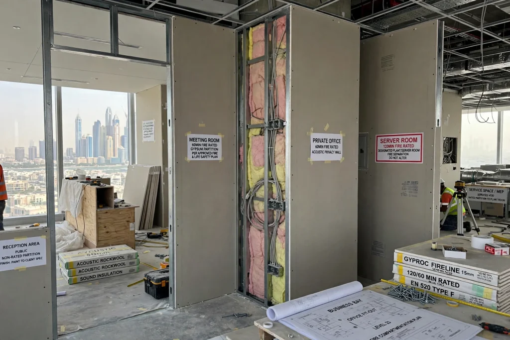 Fire-rated drywall partition installation inside a commercial fit-out in Dubai