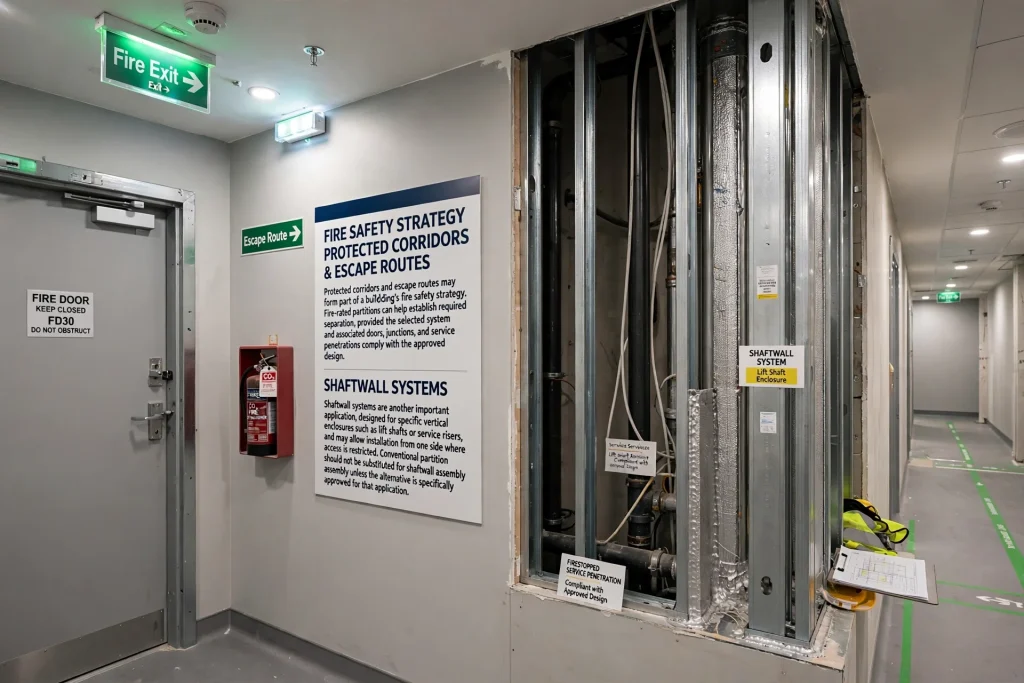Gypsum boards, steel studs and specified components forming a fire-rated wall assembly