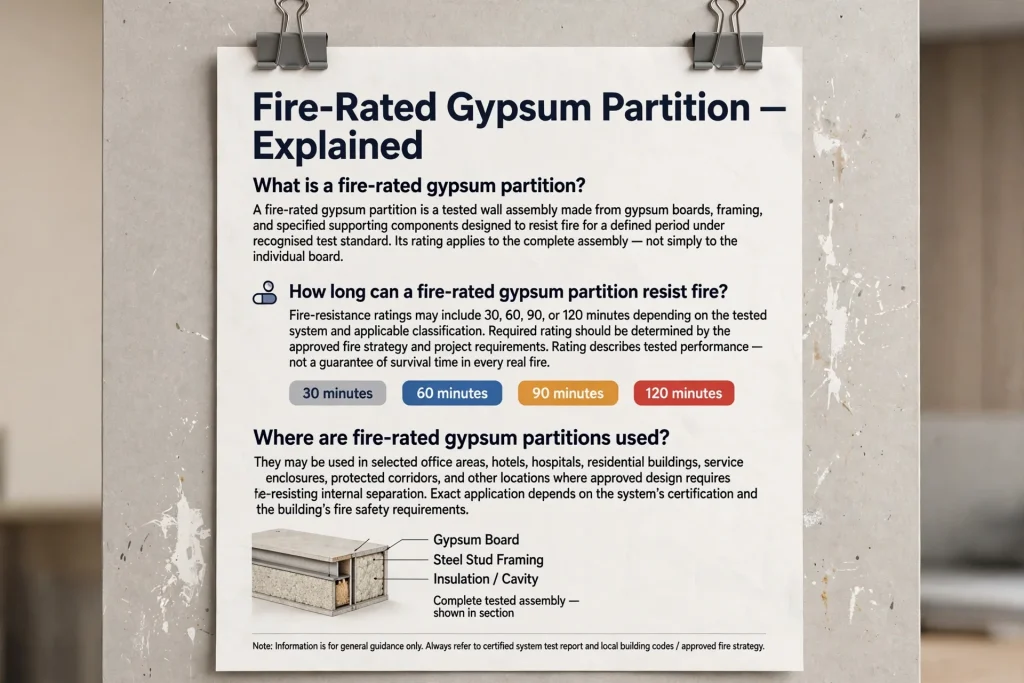 Fire-rated gypsum walls separating office rooms in a modern commercial building