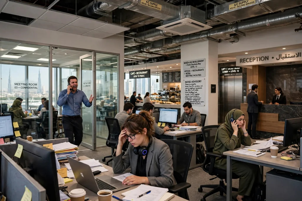 Gypsum partition separating meeting rooms from an open-plan office