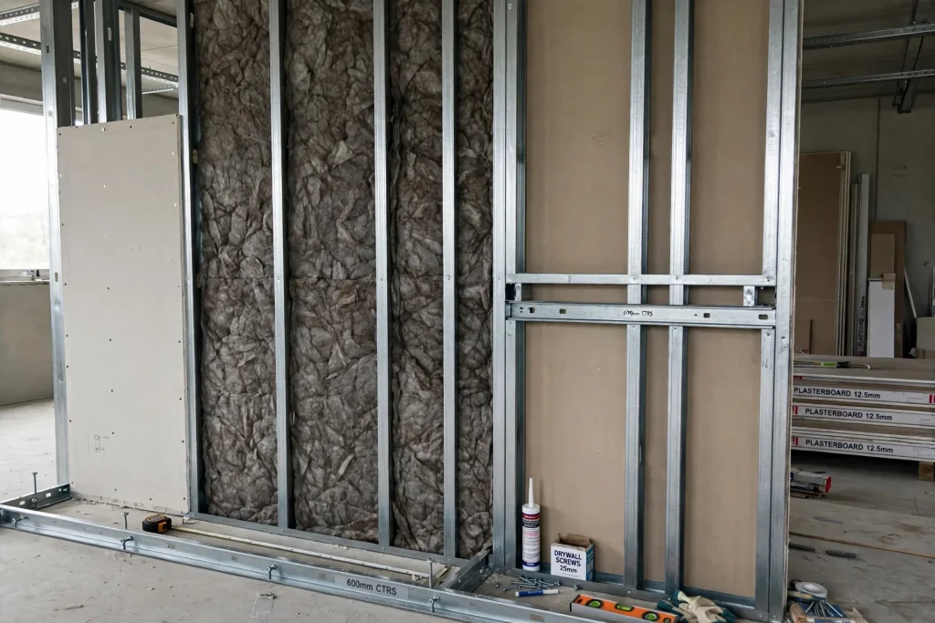 Mineral wool insulation fitted inside a gypsum partition cavity to help absorb sound
