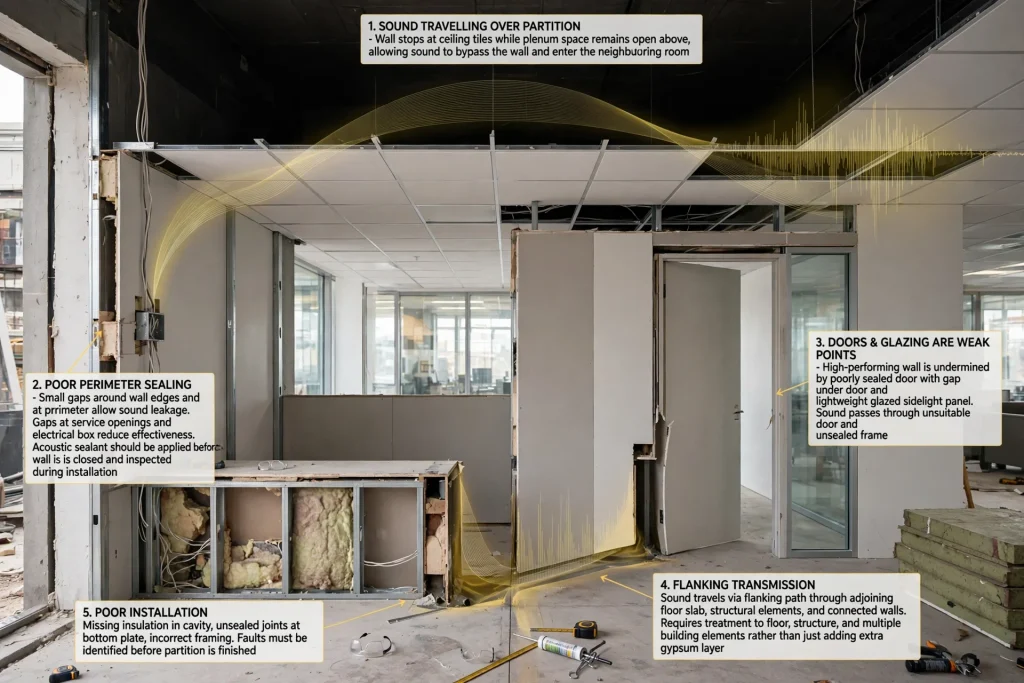 Acoustic gypsum walls separating a meeting room from adjacent office workspaces