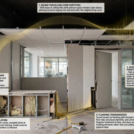Acoustic gypsum walls separating a meeting room from adjacent office workspaces